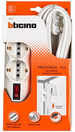 BTICINO Mehrfachsteckdosenleiste Slot 3696DB5, Mehrfachsteckdose mit 6 Steckplätzen, 2 Schuko-Steckdosen, Deutscher Standard, 4 zweiwertige Steckdosen 10/16 A, Mehrfachsteckdose mit Schalter, großer