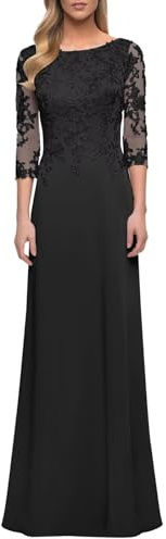 HUINI Brautmutterkleider für Hochzeiten mit 3/4-Ärmeln Lange Chiffon Spitzen Formelle Abendkleider für Damen Schwarz 44