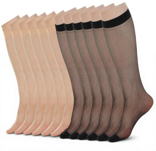 APLZGMG 12 par dam knästrumpor, transparenta nylon, finknästrumpor, 20 denier, knähöga strumpor, svarta, hudfärgade nylonstrumpor för damer