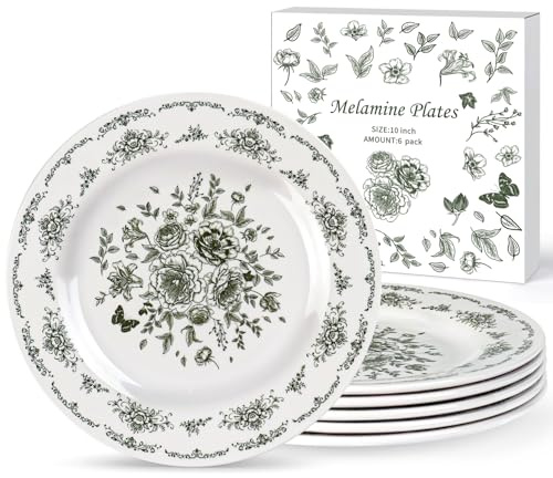HKSZEH 6 Piece Vintage Melamine Dinner Plates 10 inch Green and White Floral Decorative Plates Unbreakable BPA Free Platos De Flower Salad Dessert Plate for Wedding Birthday Tea Party Table Supplies