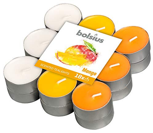 Bolsius - 18 Duft theelichter - Mango - Brenndauer von 4 Stunden - Durchmesser 38 mm – Natürliche Extrakte – Enthält Veganes Wachs – Ohne Palmöl