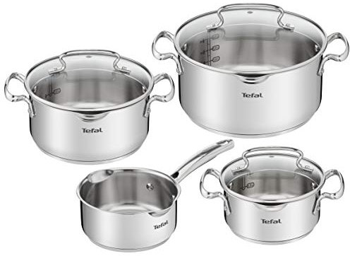 Tefal Duetto + 3 Töpfe 16/20/24 cm, 1 Stielkasserolle 16 cm aus Edelstahl, 3 Glasdeckel, Messmarkierungen, Ausgießrand, kompatibel mit allen Herdarten, backofenfest und spülmaschinenfest