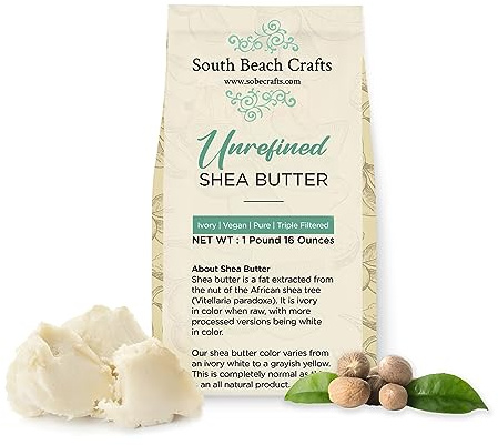 South Beach Crafts 100% Raw Unrefined Shea Butter African Grade A 1 Pound (16 oz) for Shea Creams, Soap Making, Skin, Hair and More