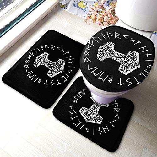 RedBeans Rutschfeste Badematte, 3-teiliges Flanell-Badezimmerteppich-Set, Wikinger, Mjolnir und Runenrad, nordische Mythologie-Symbol, weicher WC-Vorleger, WC-Bezug, Set