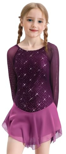 Figure Skating Dress Girls Purple Panty Setted Rhinestones Long Sleeves Women Skate Dance Costumes