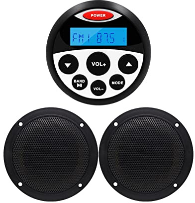 Guzare Marine Stereo - Waterproof Bluetooth MP3 USB AM/FM Radio with 2 Black Speakers (304-4001B)