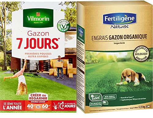 Vilmorin 4460714 Gazon 7 Jours, Vert, 1 kg & NATUREN Engrais Gazon Organique 100m² 2,5kg