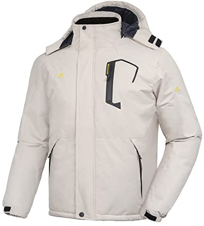 geeksport Winterjacke Herren Warm Parka Winter Wasserabweisend Gefüttert Berg-Skijacke Abnehmbarer Kapuze Snowboardjacke Winddicht Outdoorjacke Beige 2XL