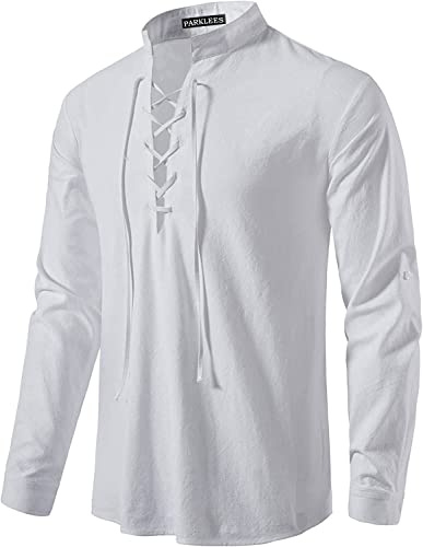 PARKLEES Men's Cotton Retro Lace Up Long Sleeve Shirts for Renaissance Pirate Viking Medieval Halloween Cosplay Costumes White Large