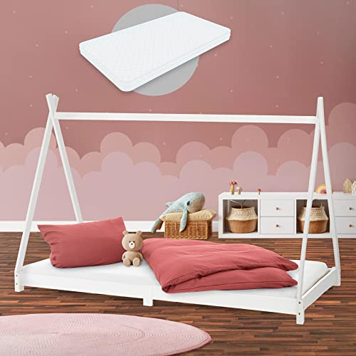 ML-Design Cama Infantil Tipi Blanca 90x200 cm + Colchón de Espuma Fría 16cm y Somier de Listones, Cuna de Suelo Juvenil de Madera Maciza de Pino, Lecho para Niño y Bebé, Casa Tienda de Campaña Juego