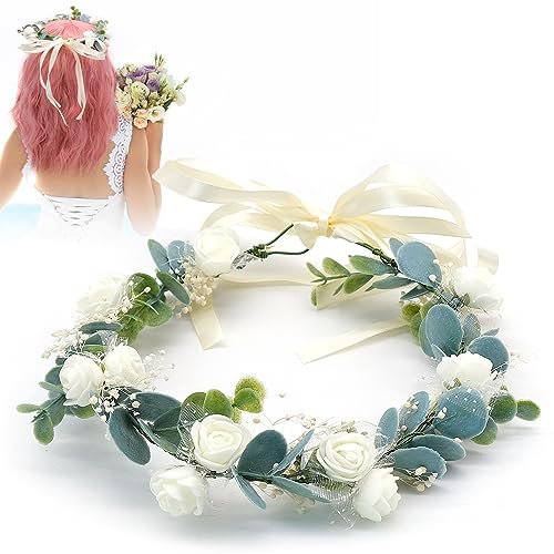 Ghirlanda di Fiori Coroncina Fiori, Eucalipto Floreale Headband Wedding White Flower Girl Accessori per Capelli Coroncine Fiori Addio al Nubilato