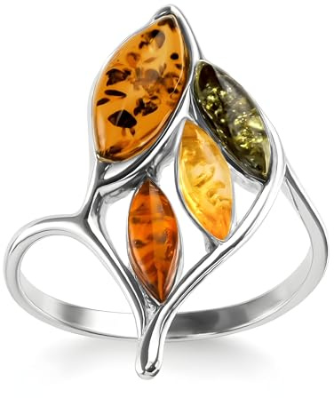 Anello in argento sterling con ambra tricolore – Pietre multicolori gialle, verdi, arancioni – misure disponibili da 19 a 1, Metallo Gemma, Ambra