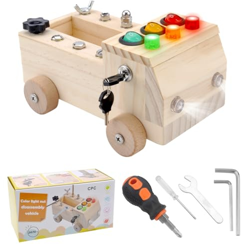 HENGBIRD Montessori trä skruvbräda bil-ljusströmbrytare, motorikleksak motorikbräda Montessori Busy Board träleksak pedagogisk leksak present för barn pojkar flickor från 3 år