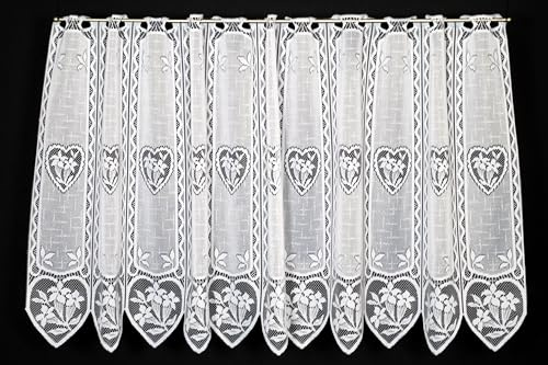 Gardinen Kranzusch Scheibengardine Enzian im Herz 60x121 cm H/B Weiß Bistrogardine Vorhang Küche 1er Pack