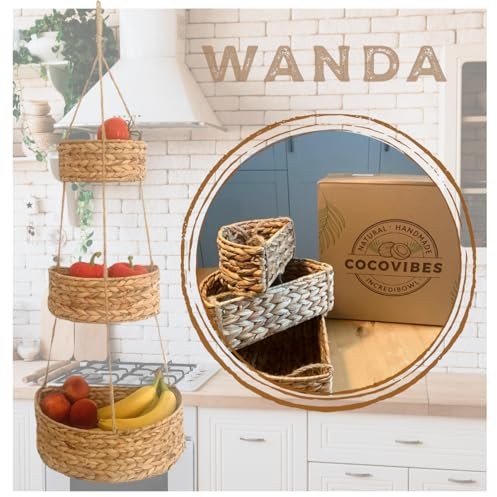 cocovibes WANDA Obstkorb hängend mit 3 Körben aus Wasserhyazinthe - Wandkorb - Hängeorganizer für Camping Küche Badezimmer Büro