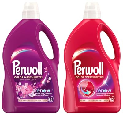 PERWOLL Flüssig-Set 2x 52 Waschladungen (104WL) 1x Color & 1x Color Blütenrausch, Feinwaschmittel-Set reinigt sanft und erneuert Farben und Fasern, mit Dreifach-Renew-Technologie