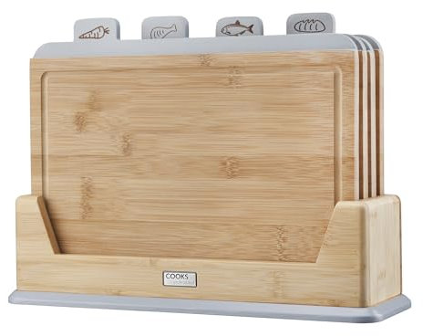 Cooks Professional Set of 4 Index Chopping Boards | Bamboo Chopping Boards with Stand | Wooden Food Preparation Cutting Blocks with Tabs for Fruit & Vegetables, Meat, Fish & Bread | Grey