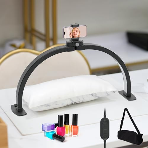 TopDirect Halbmond-Lampe, 23 Zoll, 42 W, Lampe zur Verlängerung der Wimpern mit Telefonhalterung, Schreibtischlampe für Kosmetiker, Nageltechniker und Kosmetiker, 3000 K-6500 K (Schwarz, 58cm)