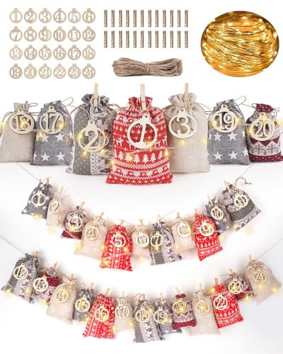 Adventskalender zum Selber Befüllen Kinder Stoff: Bonus LED Geschenktüten Weihnachten Weihnachtskalender zum Befüllen, Adventskalender Tüten Säckchen, DIY Adventskalender 2024 Stoffsäckchen Befüllen