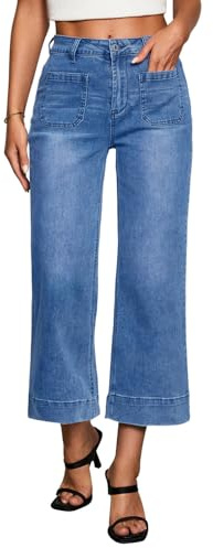 Vetinee Women's Wide Leg Jeans High Waisted Cropped Baggy Flared Stretchy Cotton Denim Trousers Button Closure Flat Front Loose Fit Solid White Regular Size
