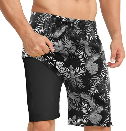 APTRO Swimming Shorts Men Swim Trunks with Compression Liner 2 in 1 Quick Dry Beach Summer 9'' Board Shorts with Zipper Pockets Retro Black MK030 XXL