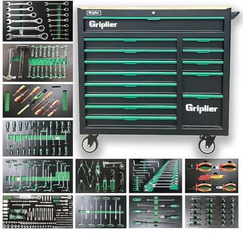 Griplier Werkzeugwagen mit 14 Schubladen, Holz Werkbank,Bremsrad,Abschließbar Rollwerkzeugwagen,118B x 46.6T x 108.5H cm,Schwarz-Grün(14 Schubladen mit 348-teiliges Werkzeugset)