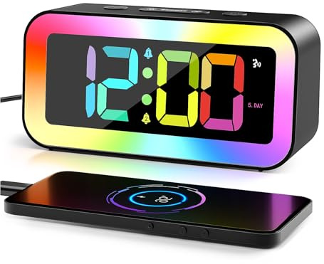 HAPPHOOH Wecker Digital, Wecker Kinder mit RGB-Nachtlicht, lautem Alarm für Tiefschläfer, Dimmbarer Anzeige, 12/24-Stunden-Modus, USB-Betrieb Nachttischwecker und Schlummer- & Speicherfunktion