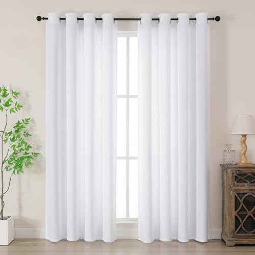 Simplebrand White Faux Linen Texture Curtains for Living Room, 183 CM Drop Net Curtains for Windows, Privacy Panels with Eyelet Top for Bedroom/Nursery Room/French Door, Set of 2, W140 x H 183 CM
