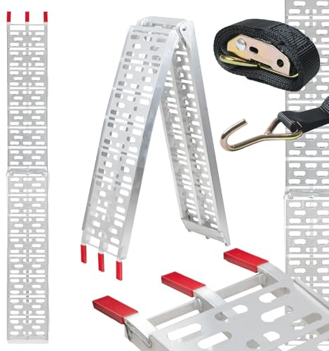 TRUTZHOLM Auffahrrampe klappbar 228 cm Tragkraft 340 kg je Rampe 680 kg je Paar Aluminium Rampe Faltbare Alu Verladerampe ATV Quad Motorradrampe Laderampe Verladehilfe inkl. Spanngurt (1)