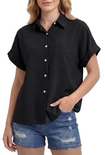 Enmain Chemise Lin Femme Manches Courtes Été Chemisier Blouse en Lin Coton à Boutons Col en V Uni Léger Ample pour Femme Chic et Élégant Décontracté avec Poche