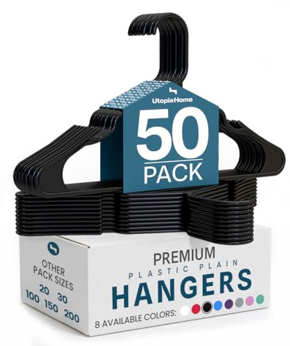 Utopia Home Plastic Hangers 50 Pack, Space-Saving Clothes Hangers with Non-Slip Shoulder Grooves for Strappy Clothes, Ideal for Home Closet Organization and Warddrobe Solutions (Black)