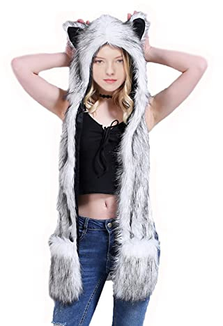 Women Faux Fur Beanie Scarf Gloves Set Teen Girls Winter Warm Soft Windproof Skull Cap Mufflers Cartoon Animal Cos Halloween Costume Hat Headwear with Mitten Pocket Gloves