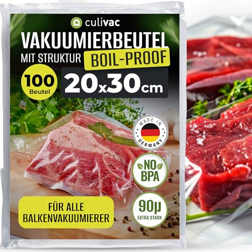 culivac Vakuumierbeutel Boilproof bis 100°C – Vakuumbeutel – Vakuumierfolie für alle Vakuumierer – BPA-frei – Reißfest & Mikrowellengeeignet – 100 Stück – 20x30cm