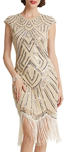 BABEYOND Robe années 1920 style Gatsby le Magnifique avec perles et franges - Beige - Taille 42/44 FR(Medium)