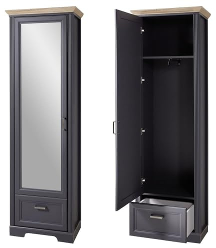 Lomadox Landhaus Garderobenschrank mit Spiegel in Graphit mit Artisan Eiche