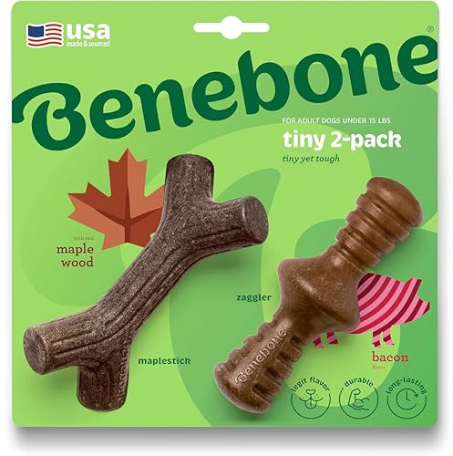 Benebone 2-Pack lönnstick/Zaggler hållbara hundtuggleksaker, Real Bacon, Real Maplewood, tillverkad i USA, liten, extra liten, brun