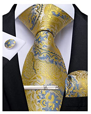 DiBanGu Ensemble de Cravate en Soie Motif Paisley Floral pour Homme avec Poche de Costume, Boutons de Manchette et Pince à Cravate - Cravates Classiques et Formelles pour Mariage et Soirée, jaune