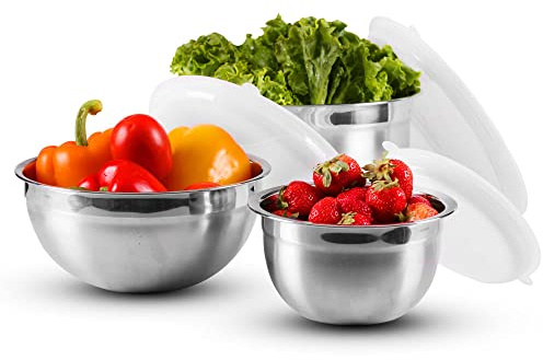 OVENTE Mixing Bowl Set with Lids, 3-Piece Stainless Steel Nesting Bowls for Easy Food Storage, Stackable Design, Kitchen Essential for Baking, Cooking and Prepping, Size 5, 3.5, 1.5QT, Silver BM46333S