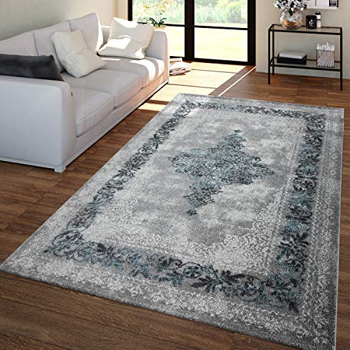 Vintage-Teppich Für Wohnzimmer, Kurzflor Mit Orient-Design, Meliert Türkis Grau, Größe:120x170 cm