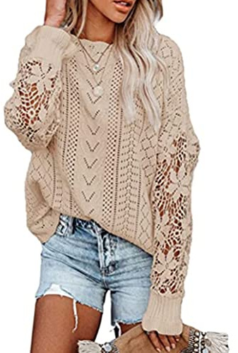 Onsoyours Chandails Femme Manches Longues Ras du Cou Femmes Dentelle Crochet Ample Décontracté Veste Automne Chandail d'hiver Chandail Coton Élégant Pull Beige L