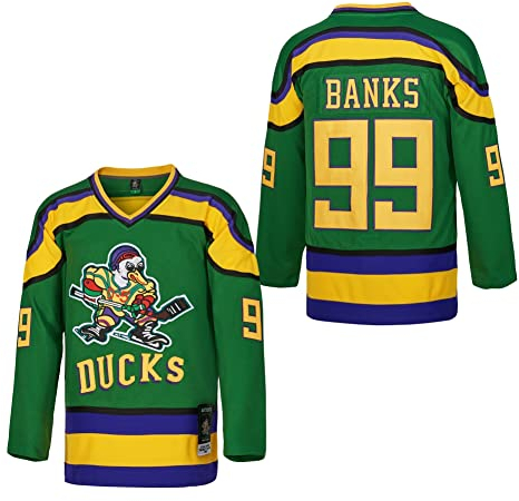 D-5 Herren Mighty Ducks Trikot #33 Goldberg #66 Bombay #96 Conway #99 Banks Jersey, Movie Eishockey Trikot für Herren, S-XXXL, #99-Grün, XX-Large