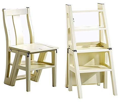 AYVADA Escabeau Tabouret Échelle Pliant Chaise en Bois Massif, Tabouret Échelle Pliant Transformant Créatif Multifonctionnel Cuisine Bureau Chaise d'Escalier à Double Usage - Capacité 300 kg (Blanc