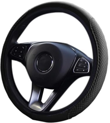 CGEAMDY Coprivolante per Auto, Universale Finta Pelle, Traspirante e Antiscivolo, Microfibra Dimensioni Standard 38 cm, Accessori Durevoli da Interno (Nero)