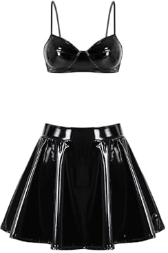 inhzoy kvinnor lack läder latex outfit wetlook kjol crop tank top set damer gogogogo outfit sexig wetlook bh mini veckad kjol skaterkjol set