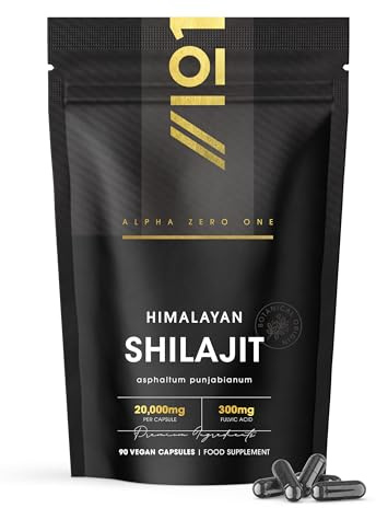 Himilayan Shilajit Capsules 20,000mg - 60% Fulvic Acid - 90 Vegan Capsules - High Strength Shilajit Resin Supplement (3 Months Supply) - Resealable and Recyclable Pouch by Alpha01
