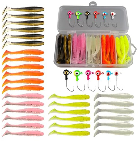 36 Pcs Fishing Lures with Hooks Kit, Artificial Soft Plastic Grubs for Bass, Freshwater & Saltwater Fishing