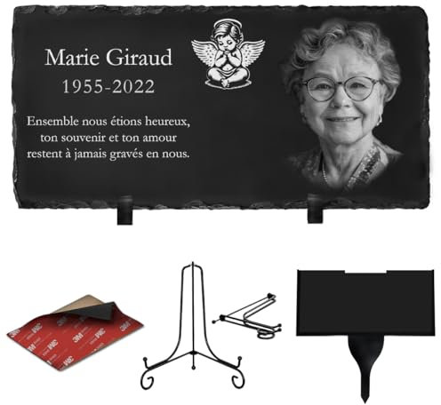 ETERNEL - Plaque Funéraire Personnalisée Multisupports Ange - à Planter, à Coller ou à Poser, Ardoise ou Granit, Photo et Texte au Choix, Plaque Cimetière, Mortuaire, Sépulture, Défunt, Hommage