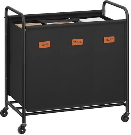 SONGMICS Wäschekorb mit Rollen, Wäschesammler 3 Fächer, 170 L Wäschesortierer, beweglicher Wäschewagen, 5 Etiketten, für Waschküche, Schlafzimmer, Badezimmer, tintenschwarz RLS330B01
