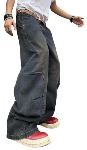 Zewool Mens Irregular Sutures Baggy Jeans Y2k Hip Hop Wide Leg Denim Pants Casual Fashion Trousers Streetwear Loose Fit Straight 2000s Relaxed Fit Sport Skater Jogging Skateboard,F Haze Blue,L
