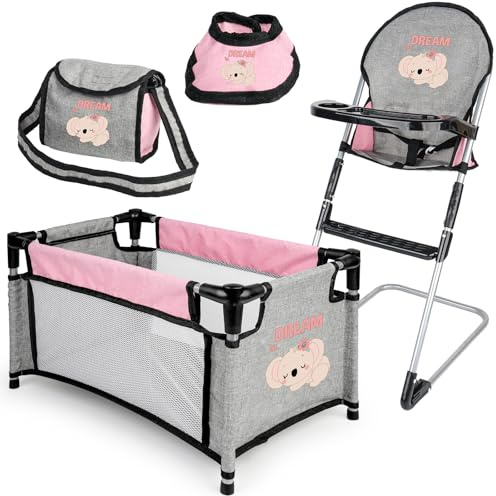 deAO Baby Doll Accessories Baby Doll Crib High Chair Diaper Bag Nursery Playset Baby Doll Furniture Set Pretend Play Role Play Set Christmas Birthday Gifts for Kids Girls Boys